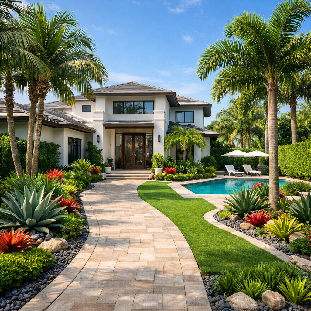 Palm tree lined pathway landscaping